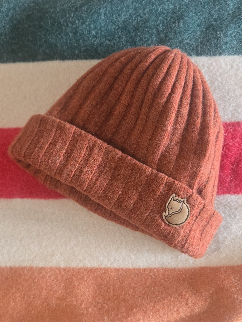 Fjallraven Byron Autumn Leaf Rust Orange Ribbed Wool Beanie Hat
